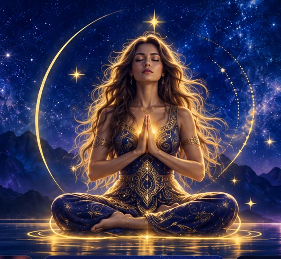 Mujer meditando en un paisaje cósmico